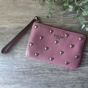 Coach Pink Heart-Studded Leather Wristlet